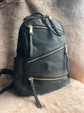 MMS Black Leatherette Backpack with Gold Zippers